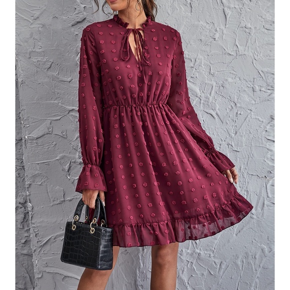 MBM Unlimited Dresses & Skirts - Maroon Red Swiss Dot Long Sleeve Ruffle Dress